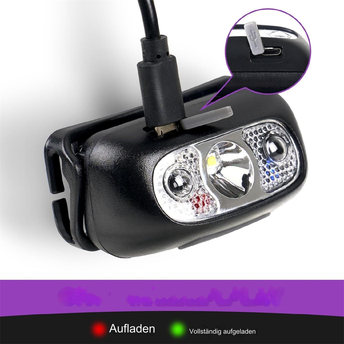 Eine schwarze Stirnlampe mit USB-Ladeanschluss, mit roten und grünen Ladeanzeigen.