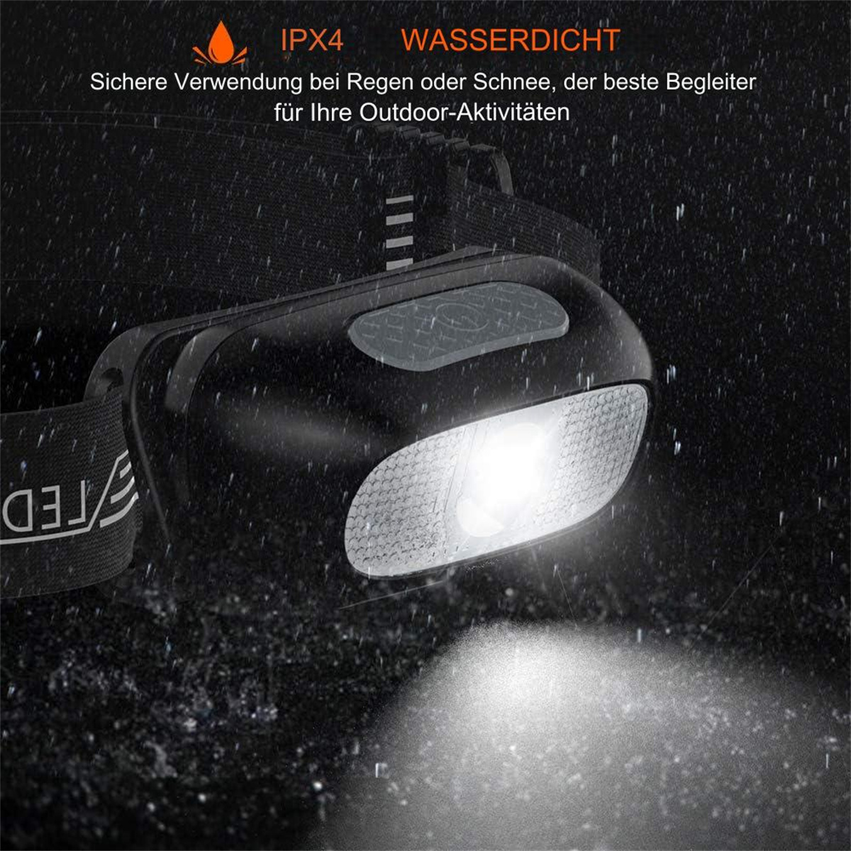 Stirnlampe leuchtet hell, vor dunklem Hintergrund mit Regen oder Schnee. Text auf Deutsch.