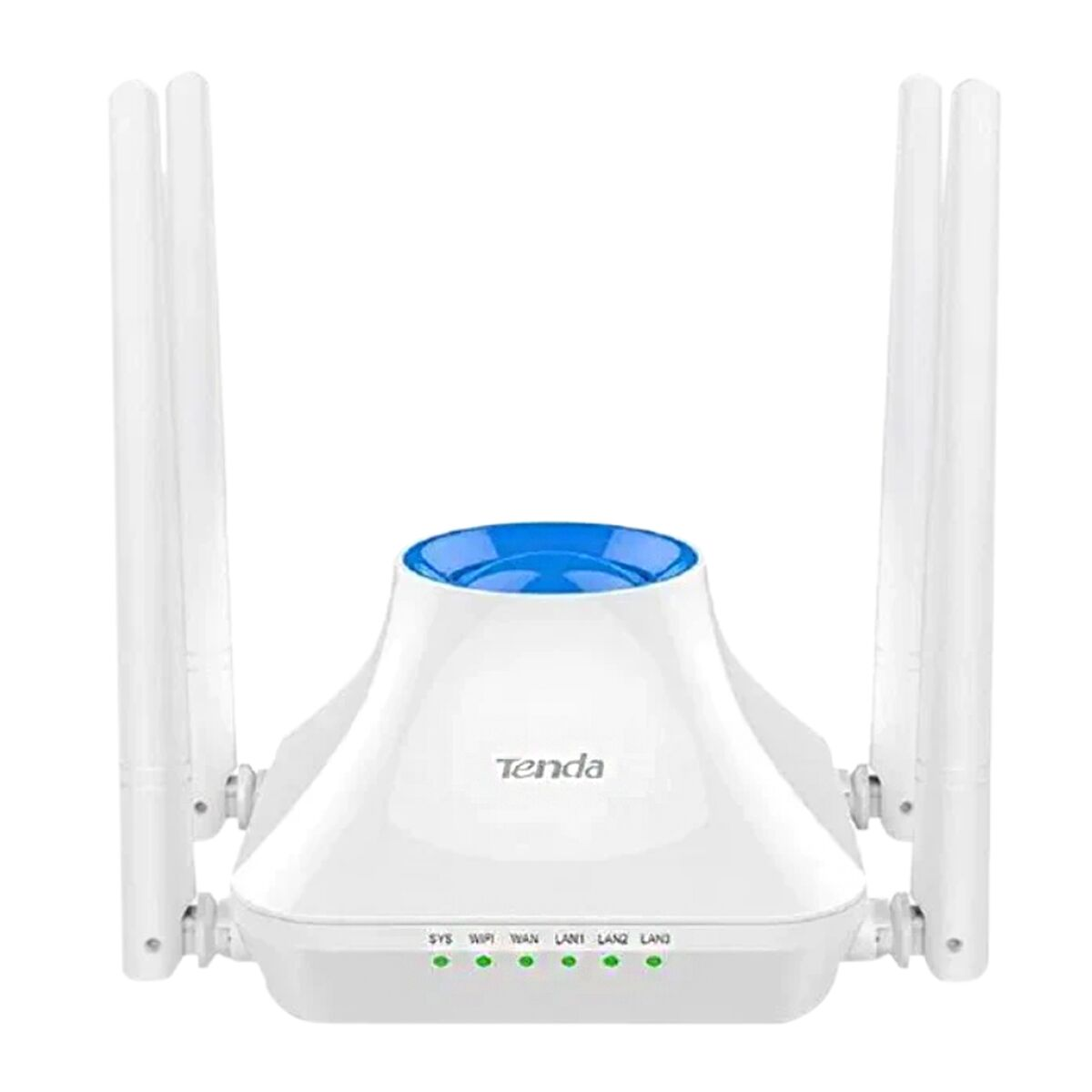 Router Tenda bianco con quattro antenne e luci verdi sul pannello frontale.