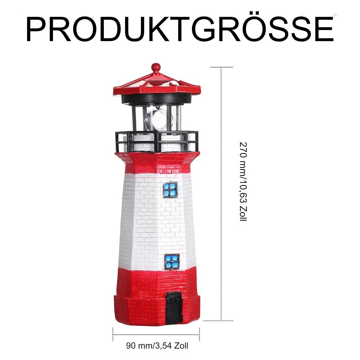 Ein Leuchtturm mit rot-weißen Streifen. Er steht hoch mit roter Spitze und ist mit Maßen versehen.