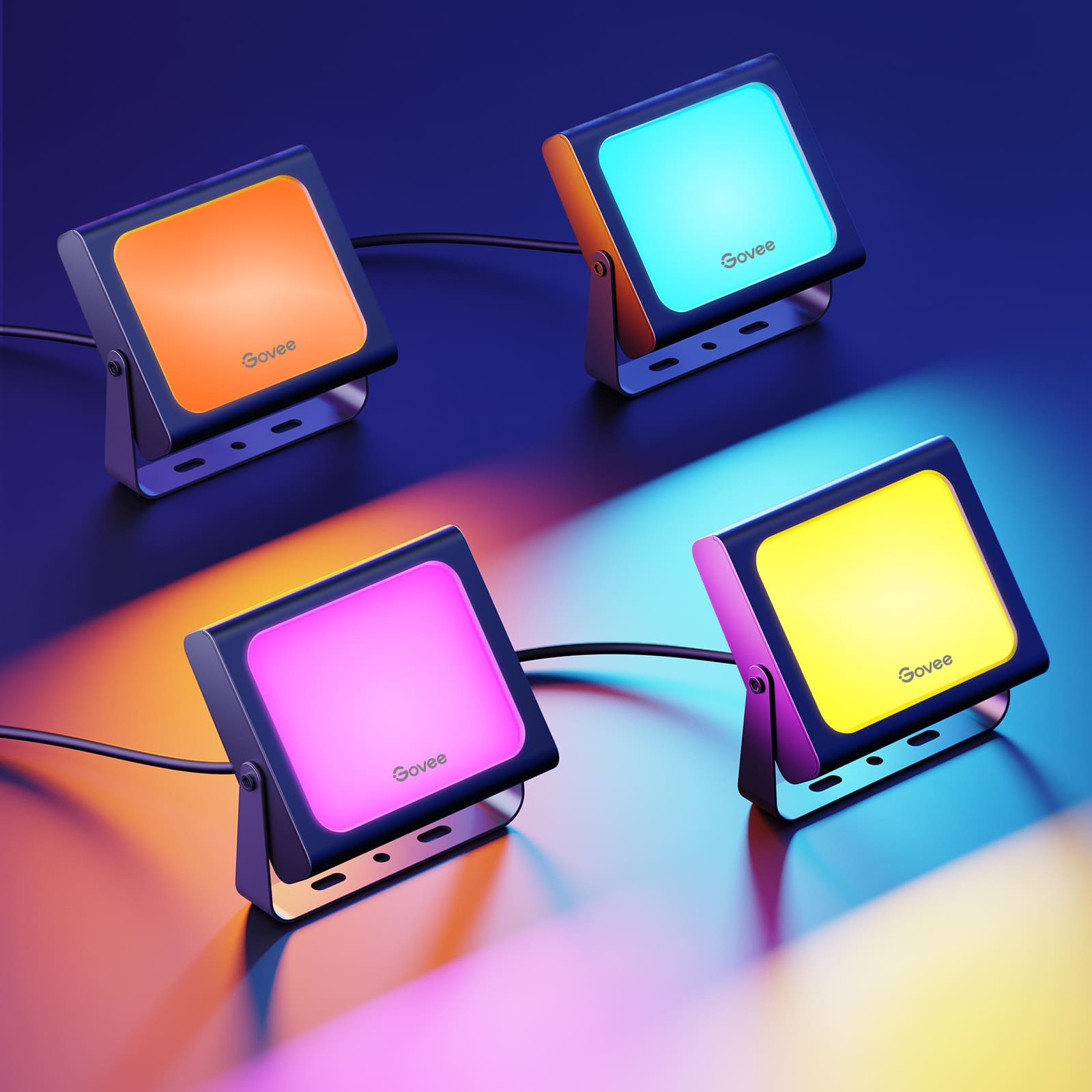 Cztery kwadratowe światła emitujące różne kolory, pomarańczowy, niebieski, różowy i żółty, z ciemnym tłem.