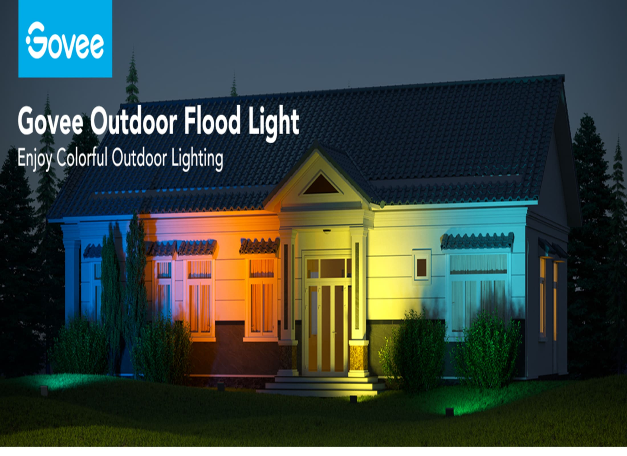 Dom z kolorowymi światłami zewnętrznymi. Logo Govee jest w lewym górnym rogu.
