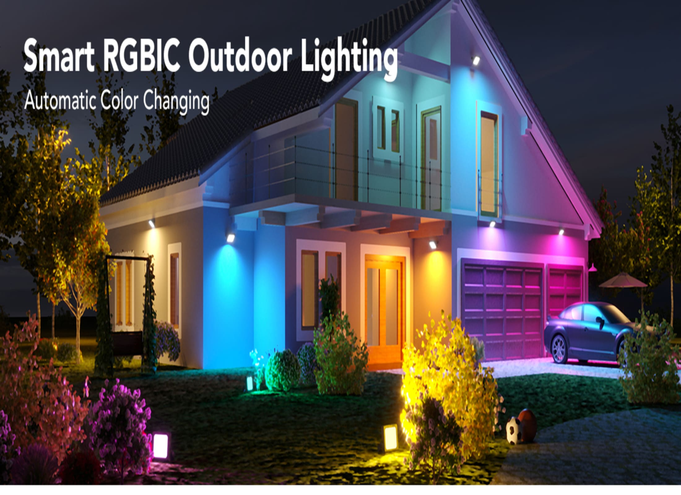 Dom w nocy z inteligentnym oświetleniem zewnętrznym RGBIC, w kolorze niebieskim, zielonym, żółtym i różowym.