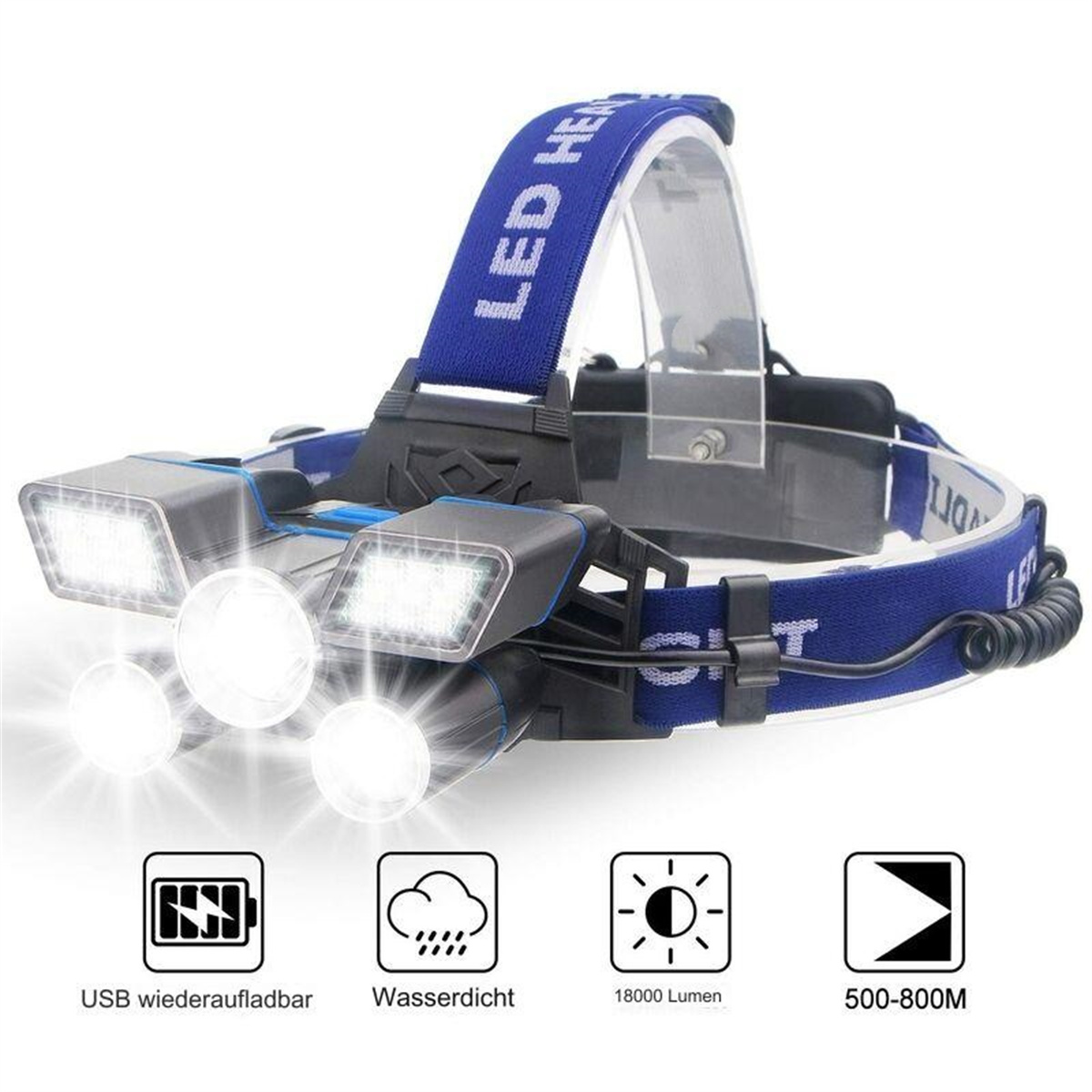 Stirnlampe mit hellen LED-Leuchten, USB-aufladbar, wasserdicht, 18000 Lumen und einer Reichweite von 500-800 m.