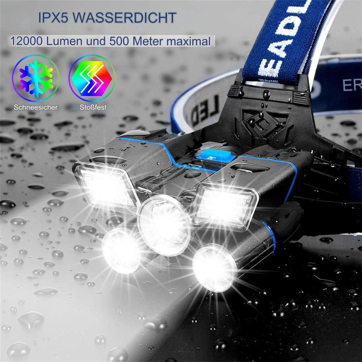 Schwarze und blaue Stirnlampe mit mehreren hellen LEDs und Text über Wasserdichtigkeit.
