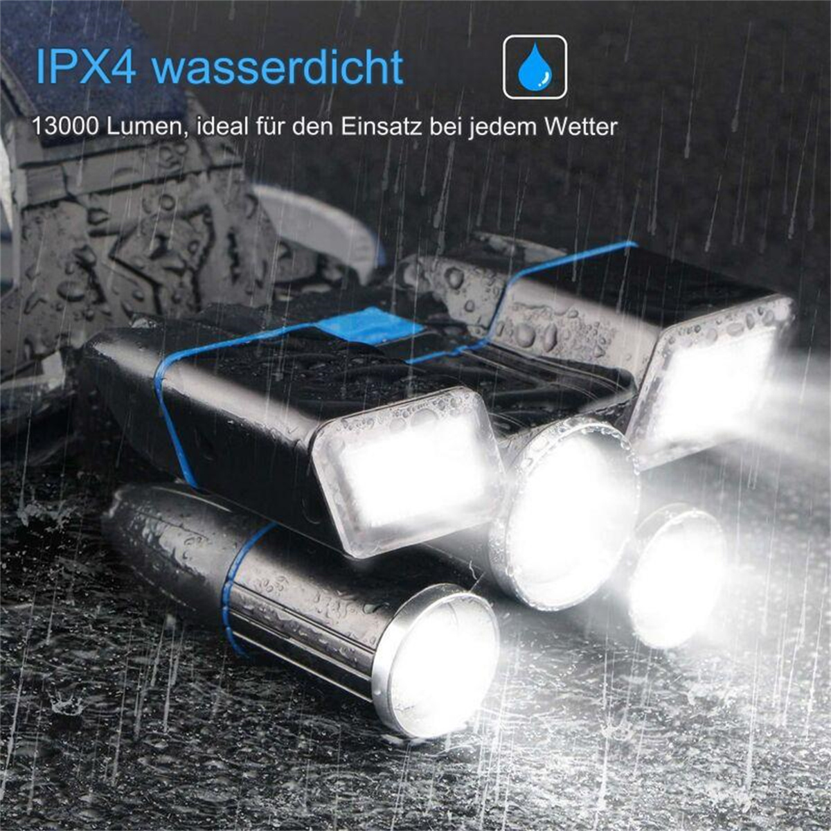 Ein Set wasserdichter Außenleuchten mit hellen weißen LEDs, die in einer regnerischen Umgebung leuchten.