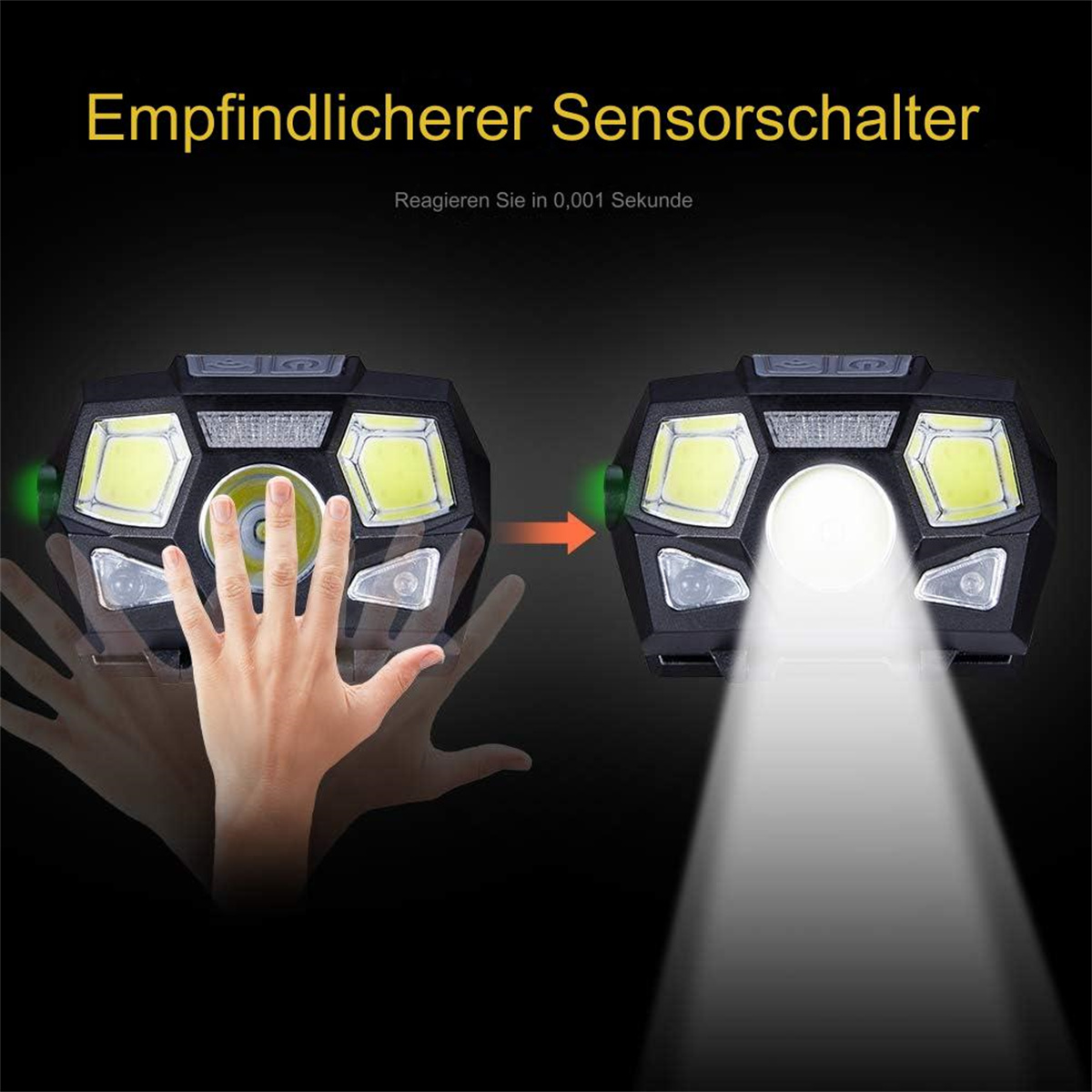 Zwei Scheinwerfer mit einer sich nähernden Hand. Der rechte ist beleuchtet und zeigt einen Strahl.
