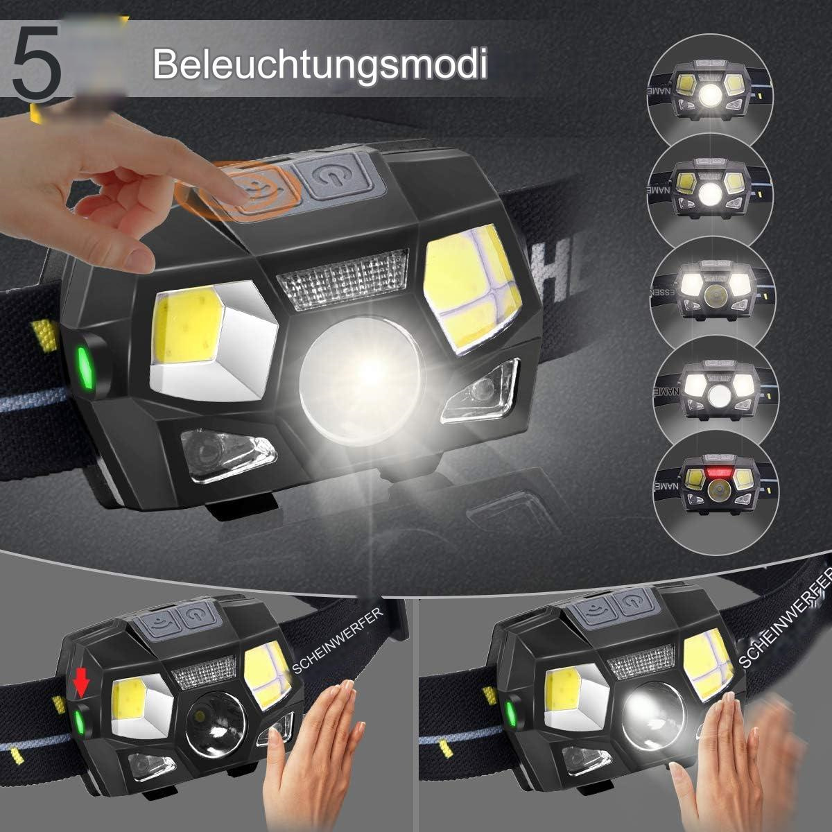 Eine schwarze Stirnlampe mit mehreren Lichtmodi. Eine Hand berührt eine Taste, um die Modi zu ändern.