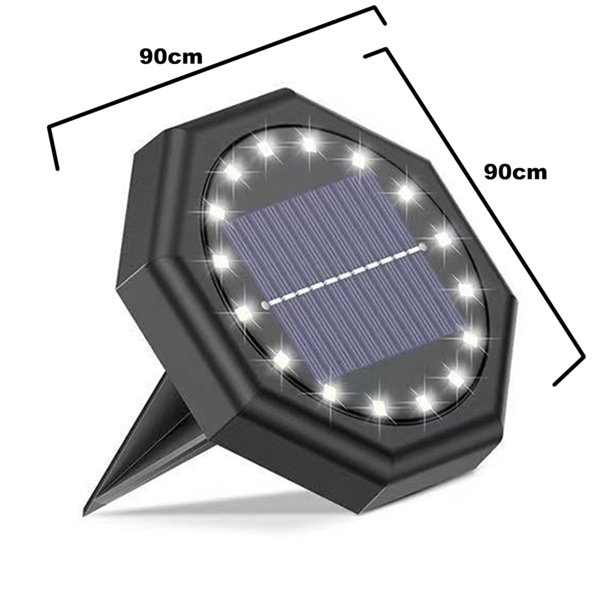 Schwarzes solarbetriebenes Bodenlicht. Achteckige Form mit Solarpanel und Lichtern.