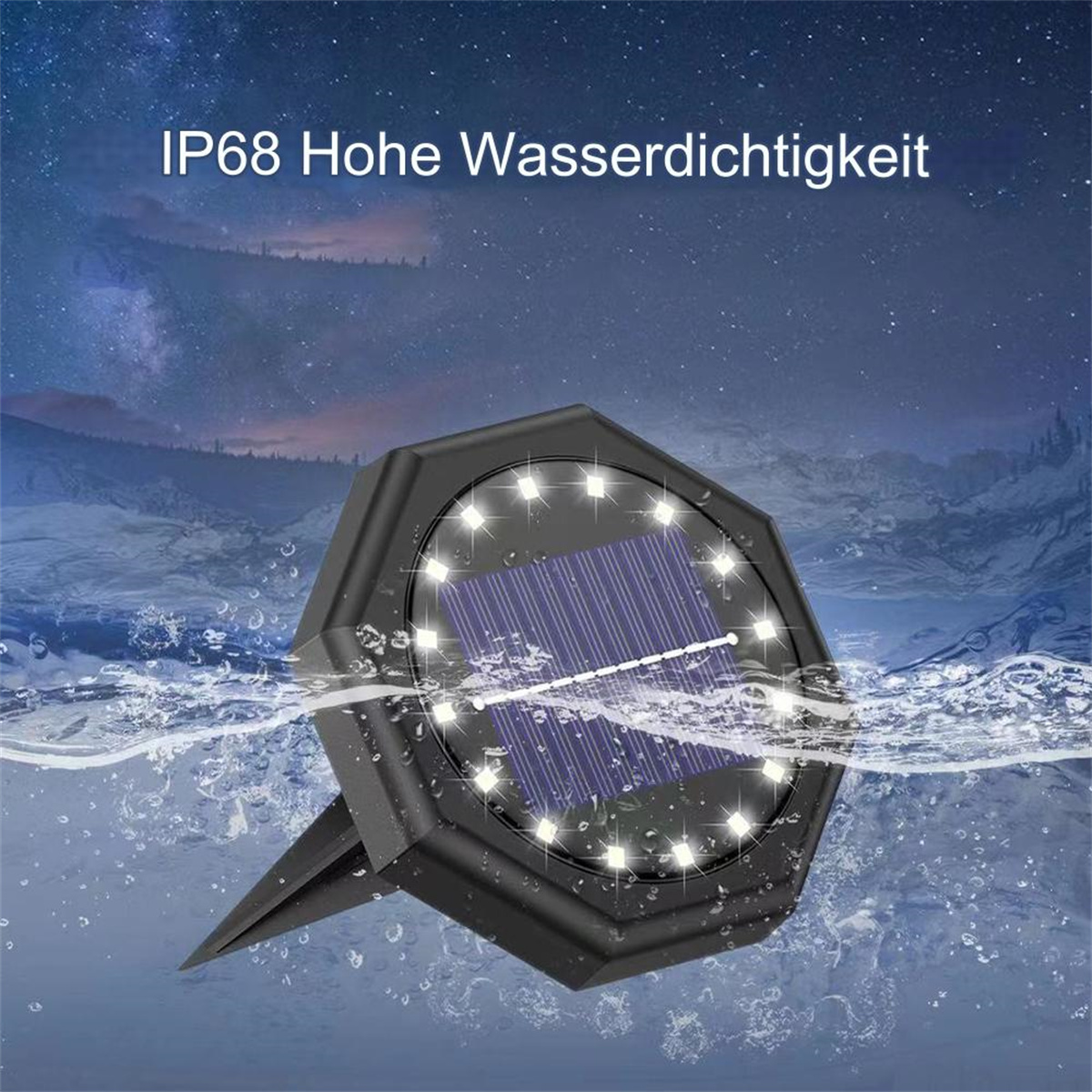 Schwarzes Solar-Gartenlicht im Wasser. Text 'IP68 hohe Wasserdichtigkeit'.