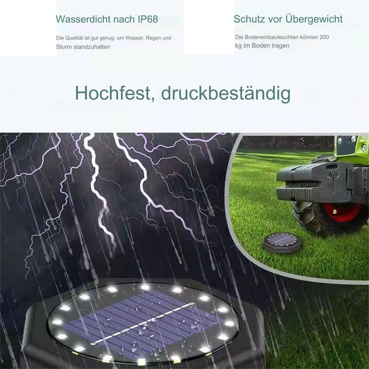 Eine Solargartenleuchte, mit deutschem Text, der ihre IP68-Bewertung und Stärke beschreibt.