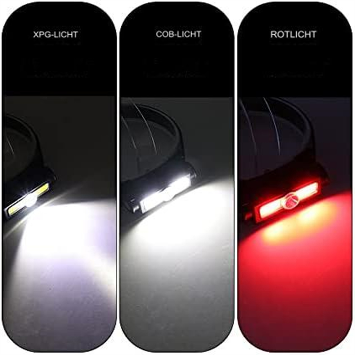 Drei Stirnlampen mit unterschiedlichen Lichtfarben: weiß, weiß und rot. Jede befindet sich in einem schwarzen Rahmen.
