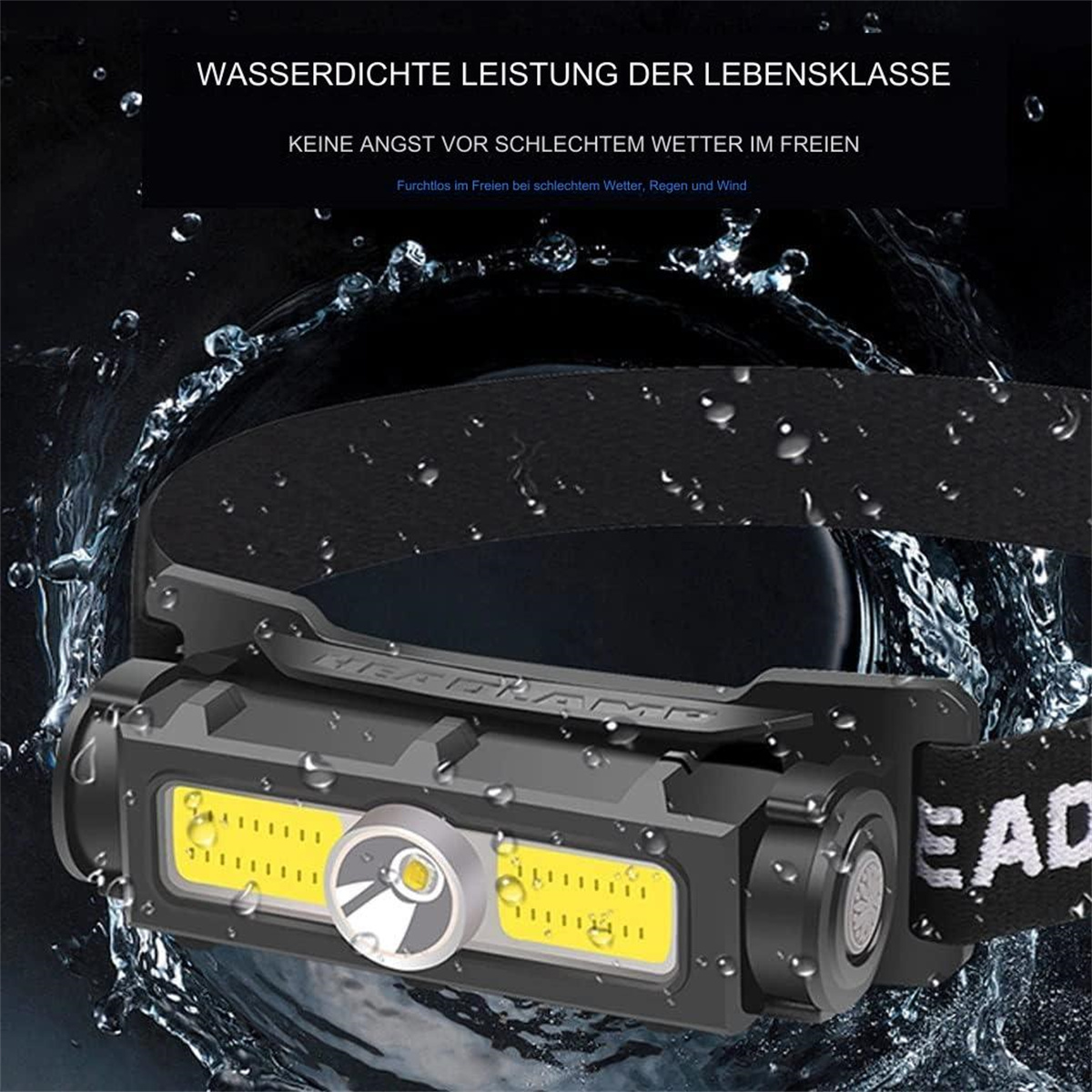 Schwarze Stirnlampe mit gelbem Licht, Wassertropfen darauf. Text auf Deutsch.