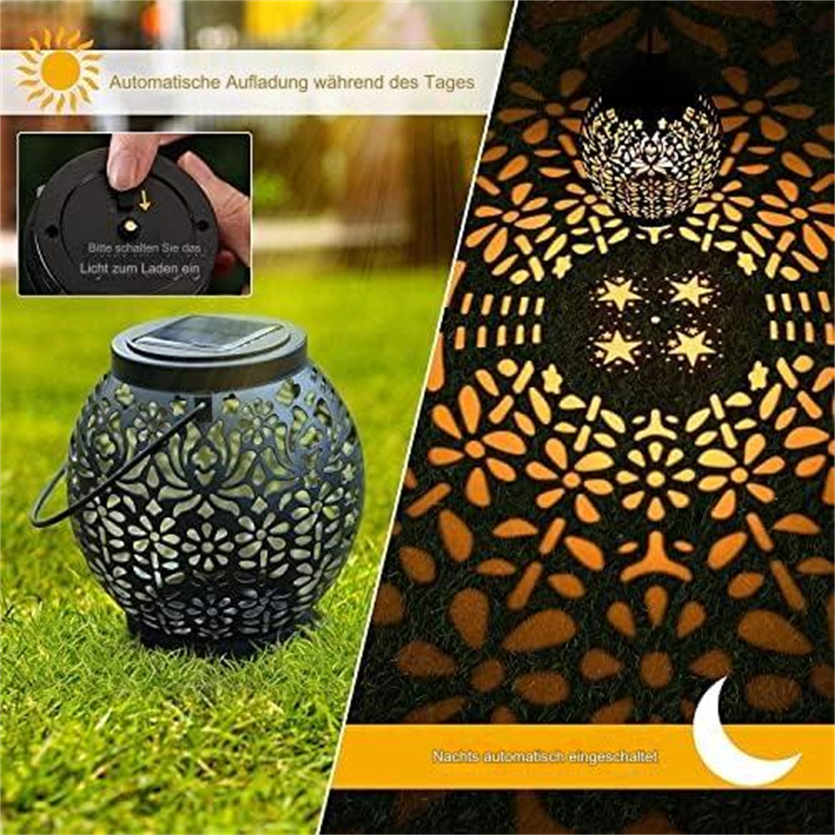 Eine schwarze Solar-Laterne mit Griff, Nahaufnahme und das Licht, das sie wirft.