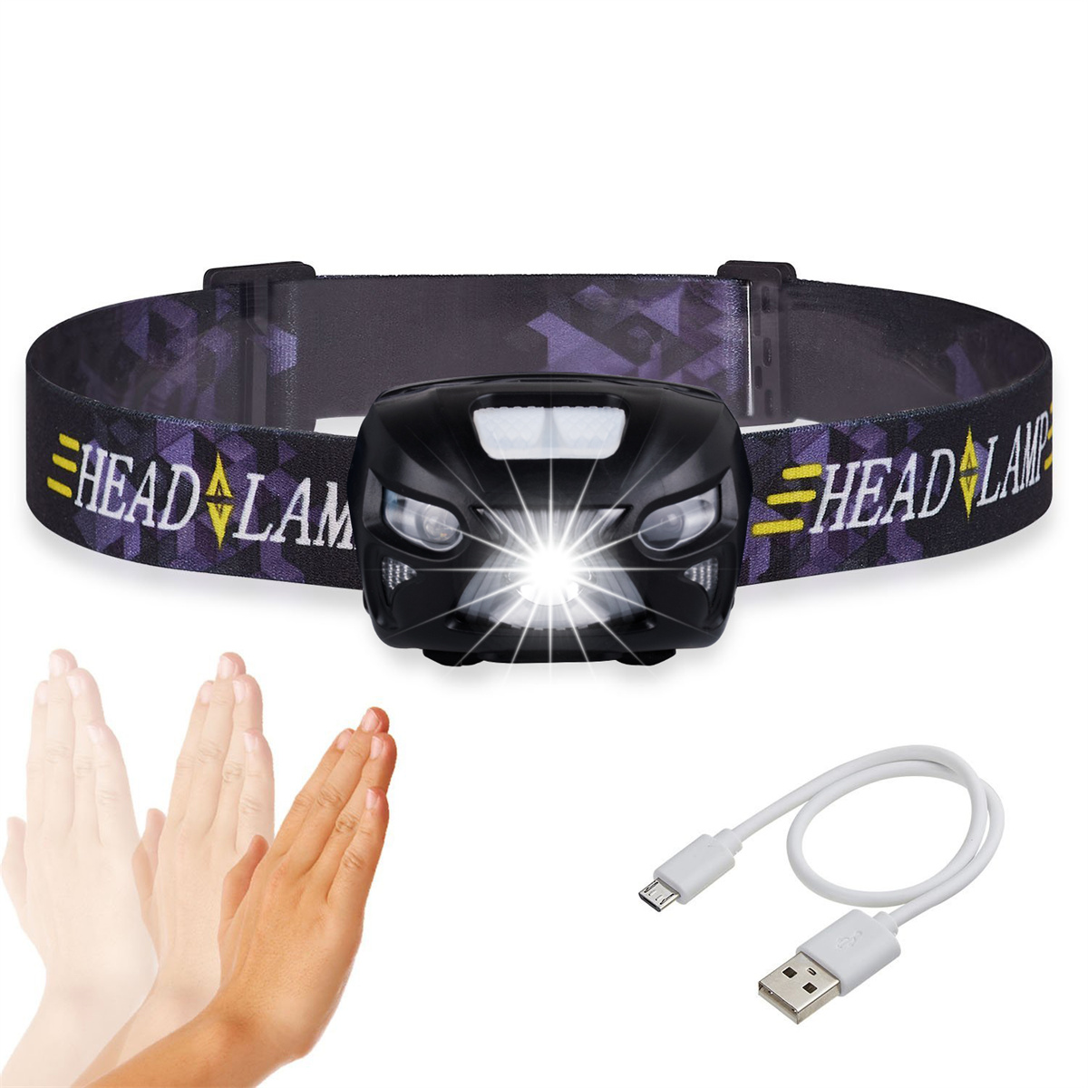Eine schwarze Stirnlampe mit Riemen und eine Hand, die davor gestikuliert, mit einem Ladekabel.