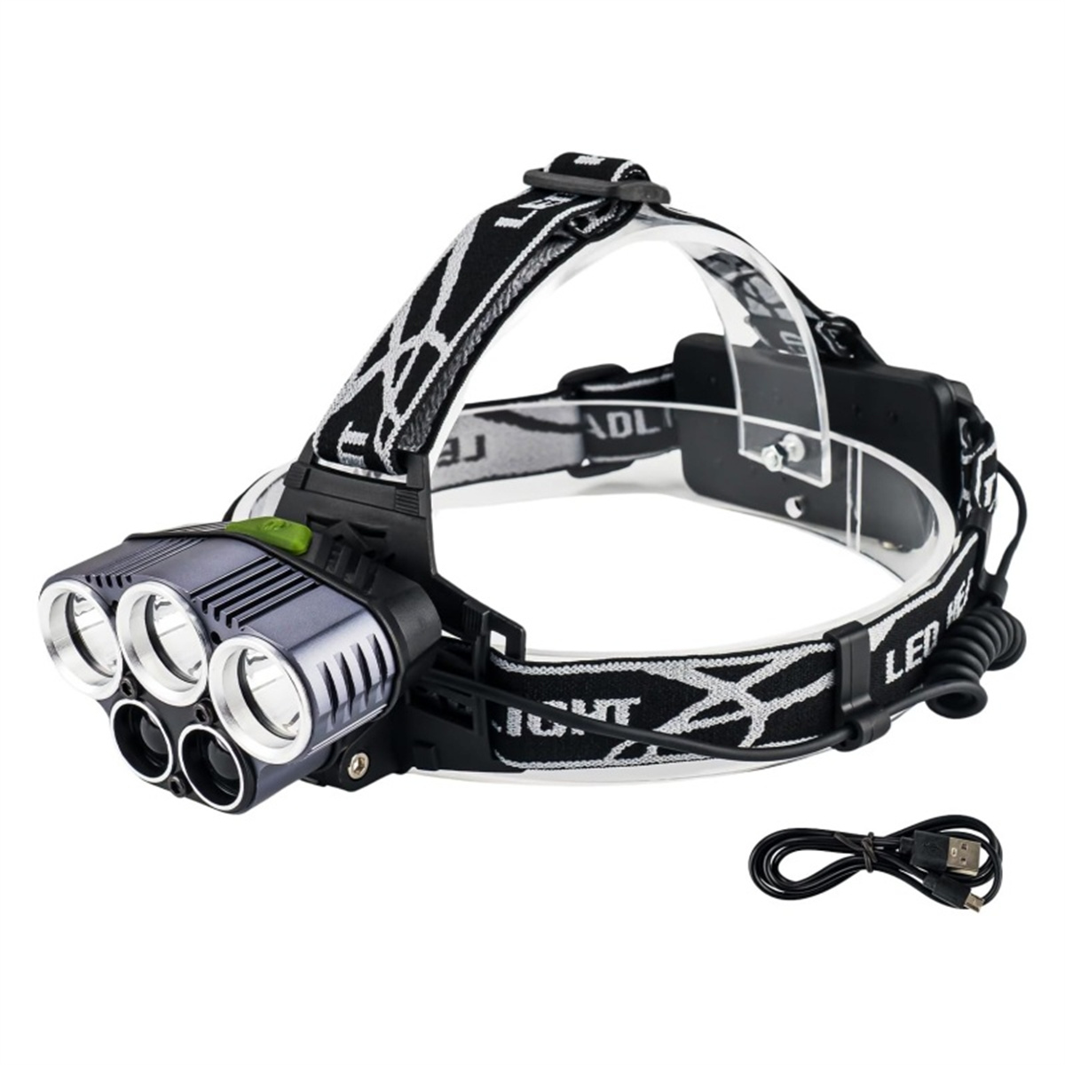 Stirnlampe mit silbernem Körper, schwarzen Riemen und USB-Kabel. Der Hintergrund ist weiß.