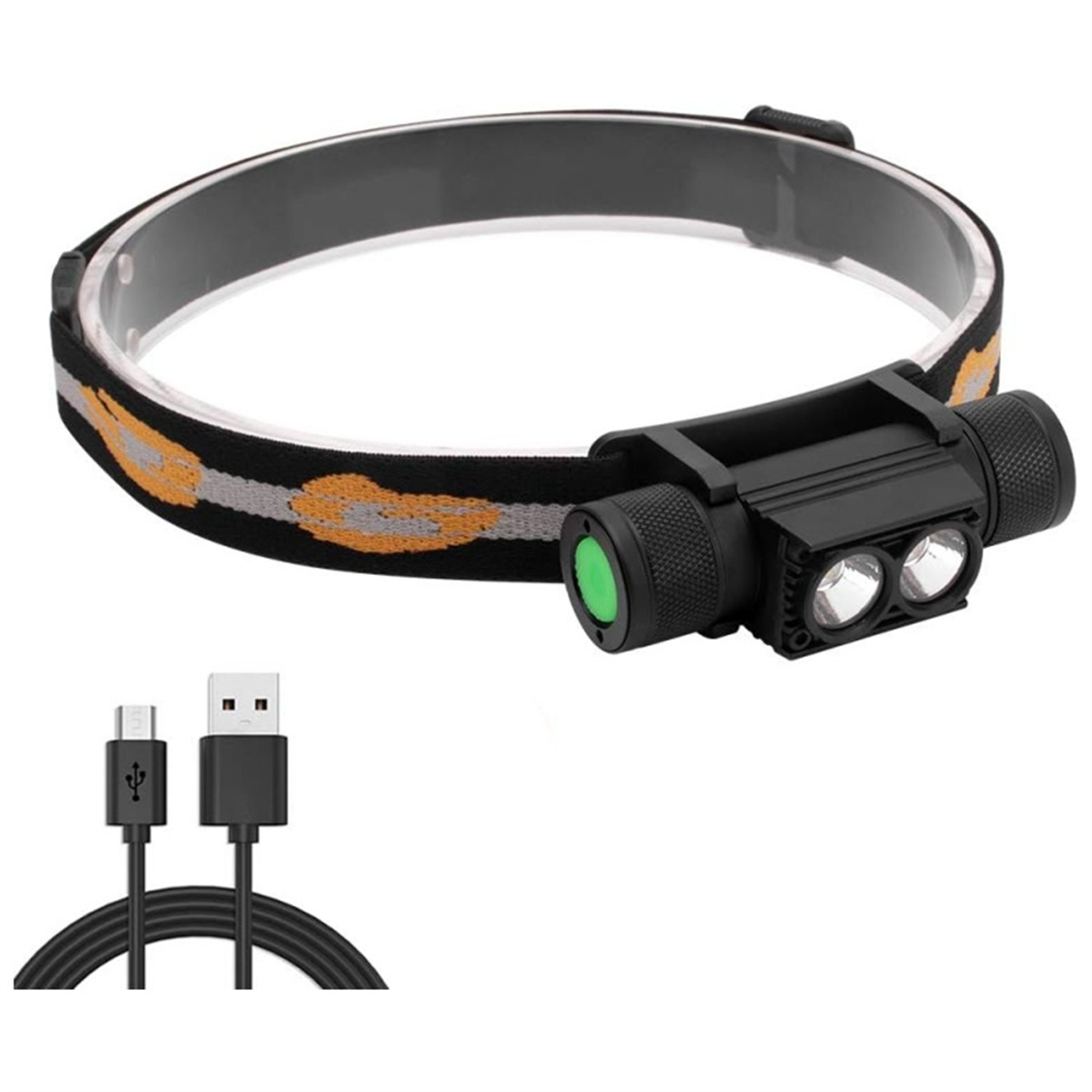 Eine Stirnlampe mit einem schwarzen Riemen und zwei Lichtern, einem grünen Knopf und einem USB-Ladekabel.