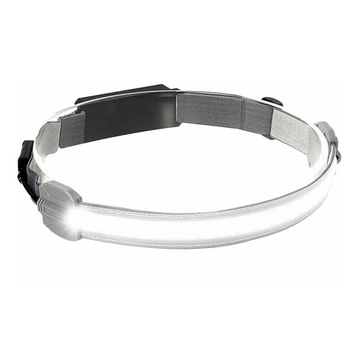 Eine Stirnlampe mit einem weißen Lichtband und einem grauen Riemen. Das Licht ist nach vorne gerichtet.