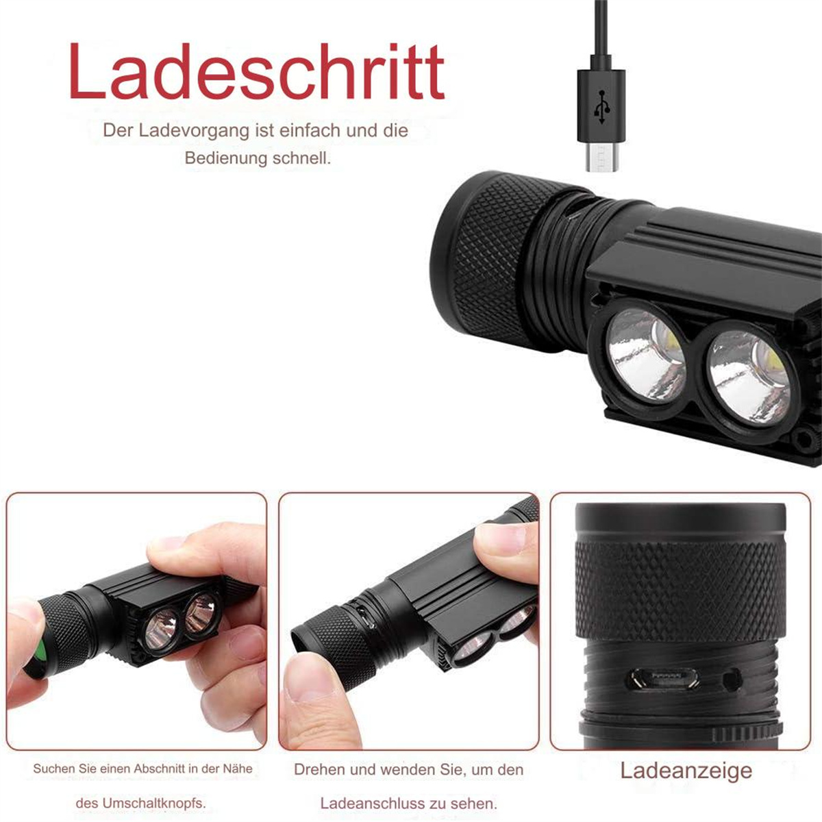 Nahaufnahme zeigt eine schwarze Taschenlampe mit Ladeanweisungen und Details.