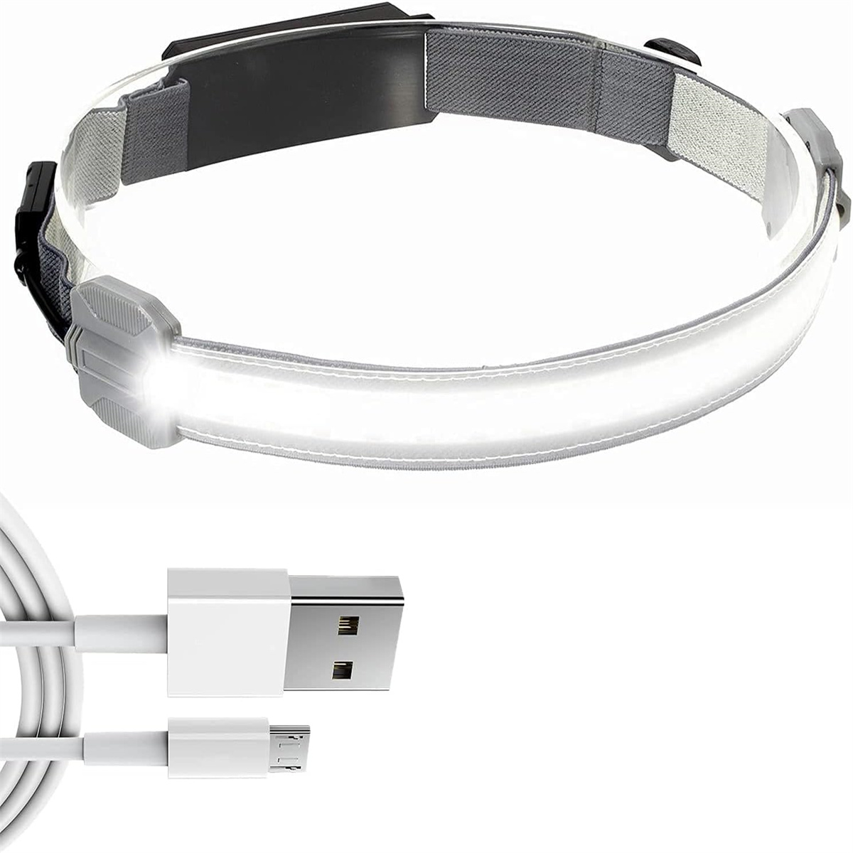 Eine Stirnlampe mit USB-Kabel. Die Stirnlampe ist weiß und das Kabel hat einen USB-Anschluss.