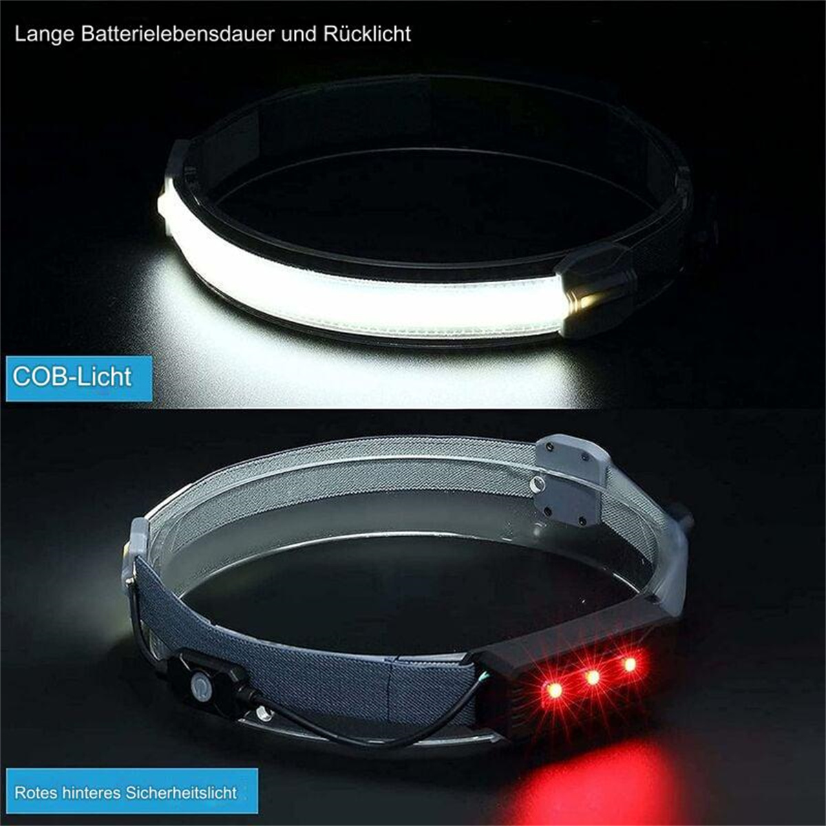 Zwei Scheinwerfer. Ein weißes Licht und ein rotes Licht. Text: Lange Akkulaufzeit und Rücklicht.