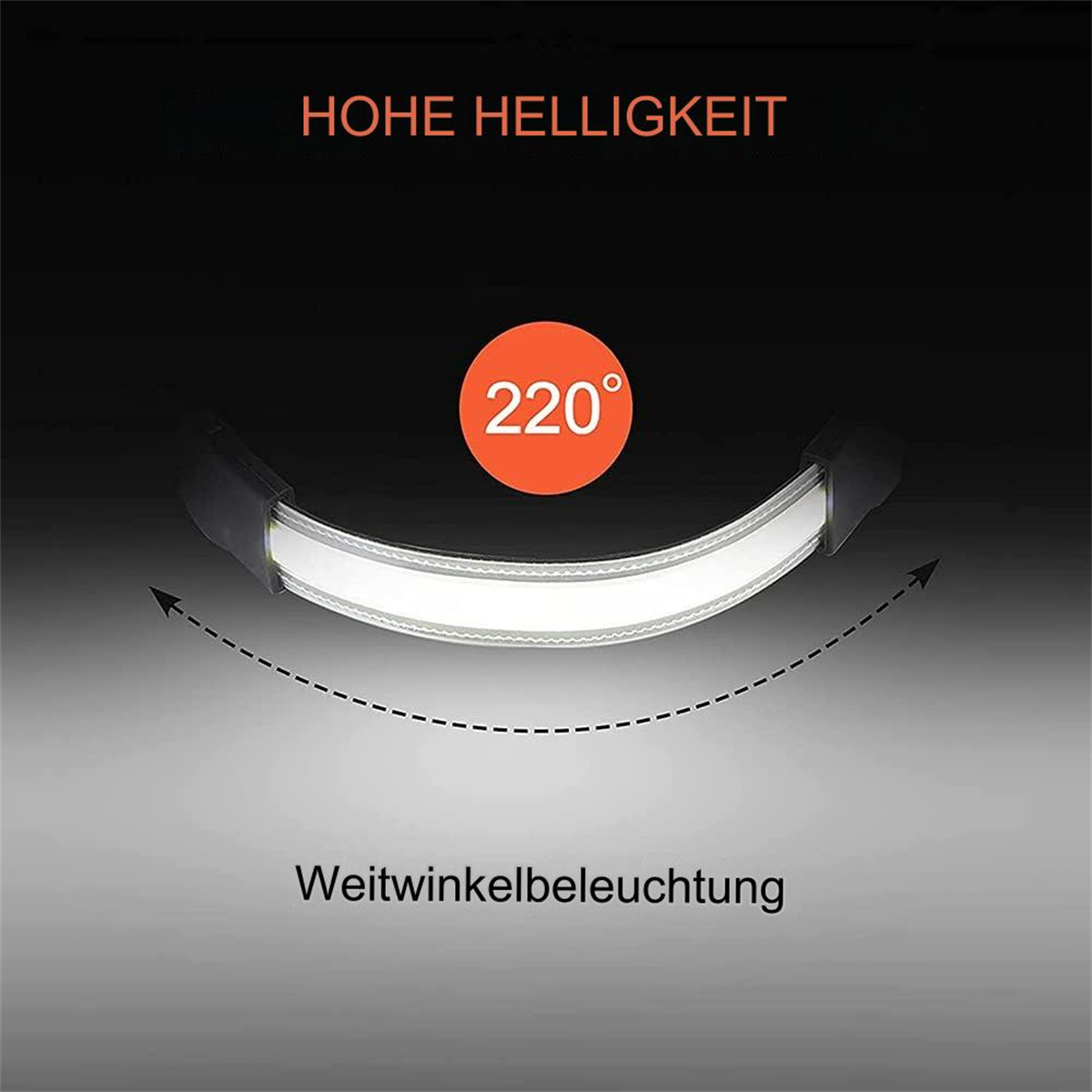 Bogenförmige LED-Leuchte, die starkes weißes Licht aussendet, mit deutschem Text.