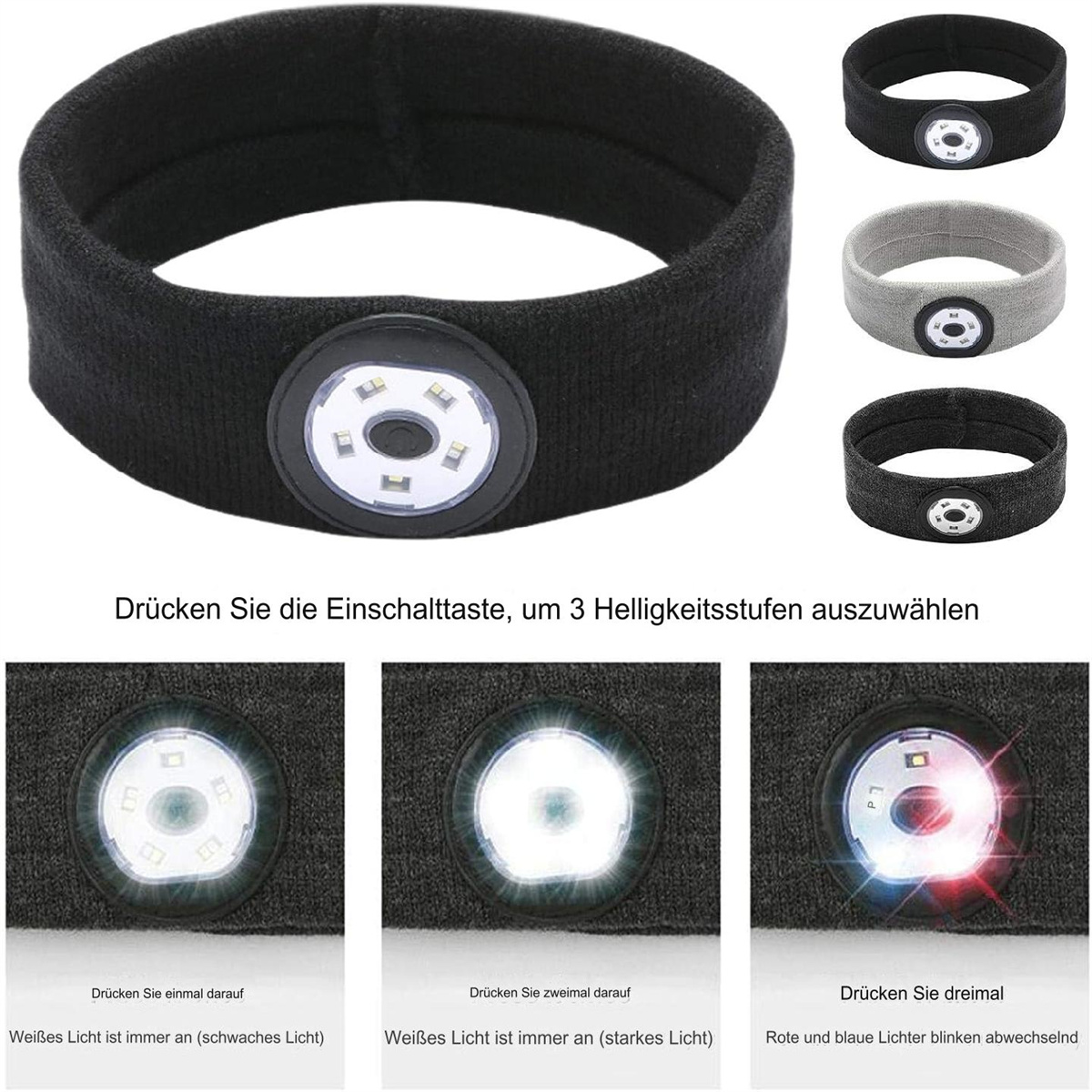 Schwarzes Stirnband mit zentralem Licht, drei zusätzliche Stirnbänder und Text auf Deutsch.