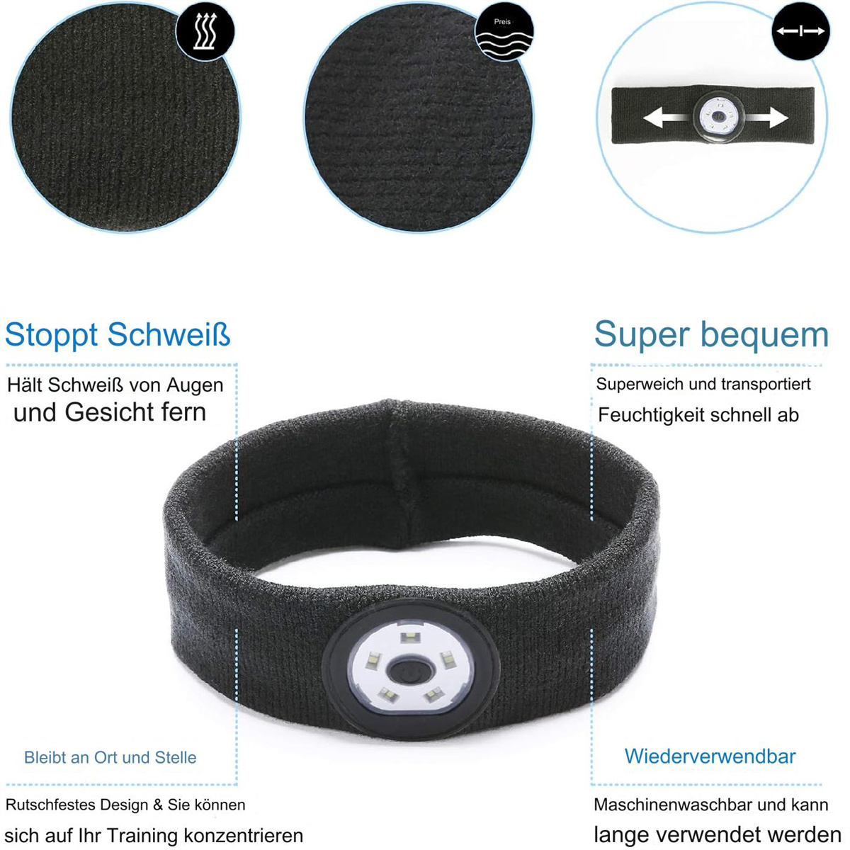 Schwarzes Stirnband mit Licht und Textbeschreibungen. Stoppt Schweiß, super bequem, wiederverwendbar.
