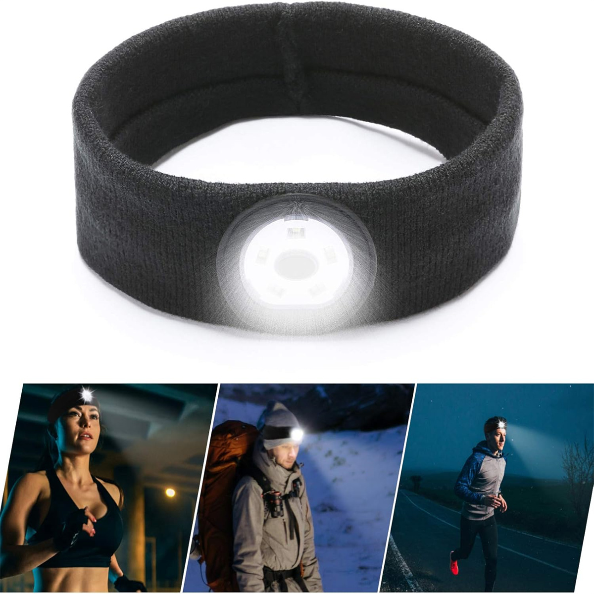 Ein schwarzes Stirnband mit weißem Licht. Bilder von Menschen, die es beim Laufen und Wandern tragen.