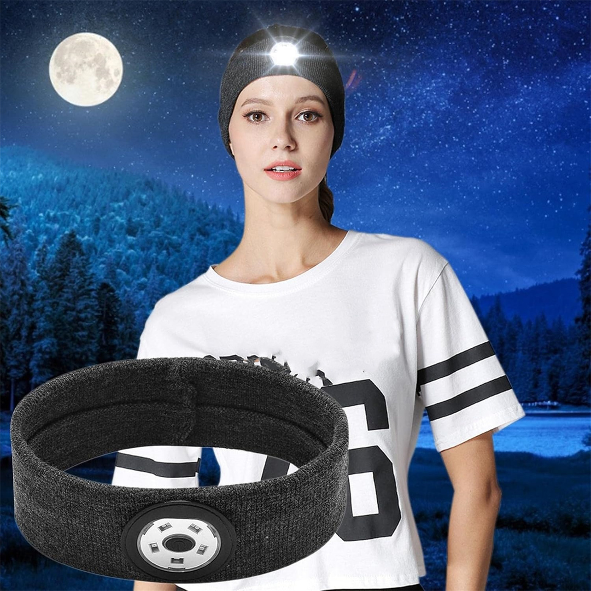 Frau mit einer Stirnlampenmütze unter einem Sternenhimmel mit Vollmond. Ein schwarzes Stirnband ist im Vordergrund.