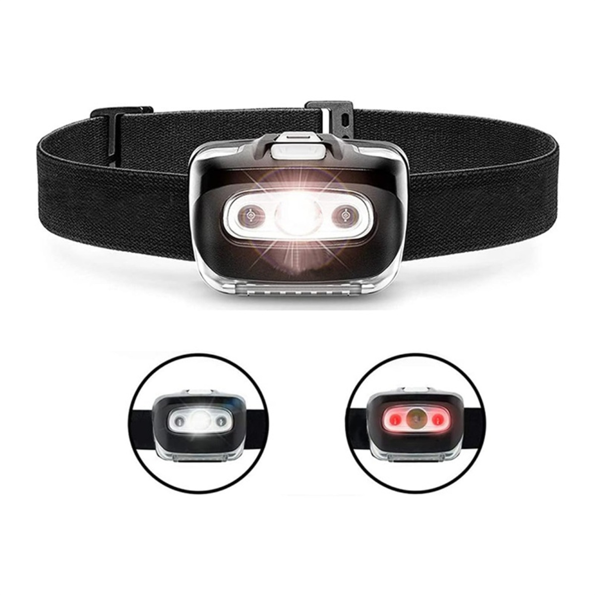 Stirnlampe mit zwei Lichtern: weiß und rot. Schwarzes Band. Zwei Kreise mit unterschiedlichem Licht.
