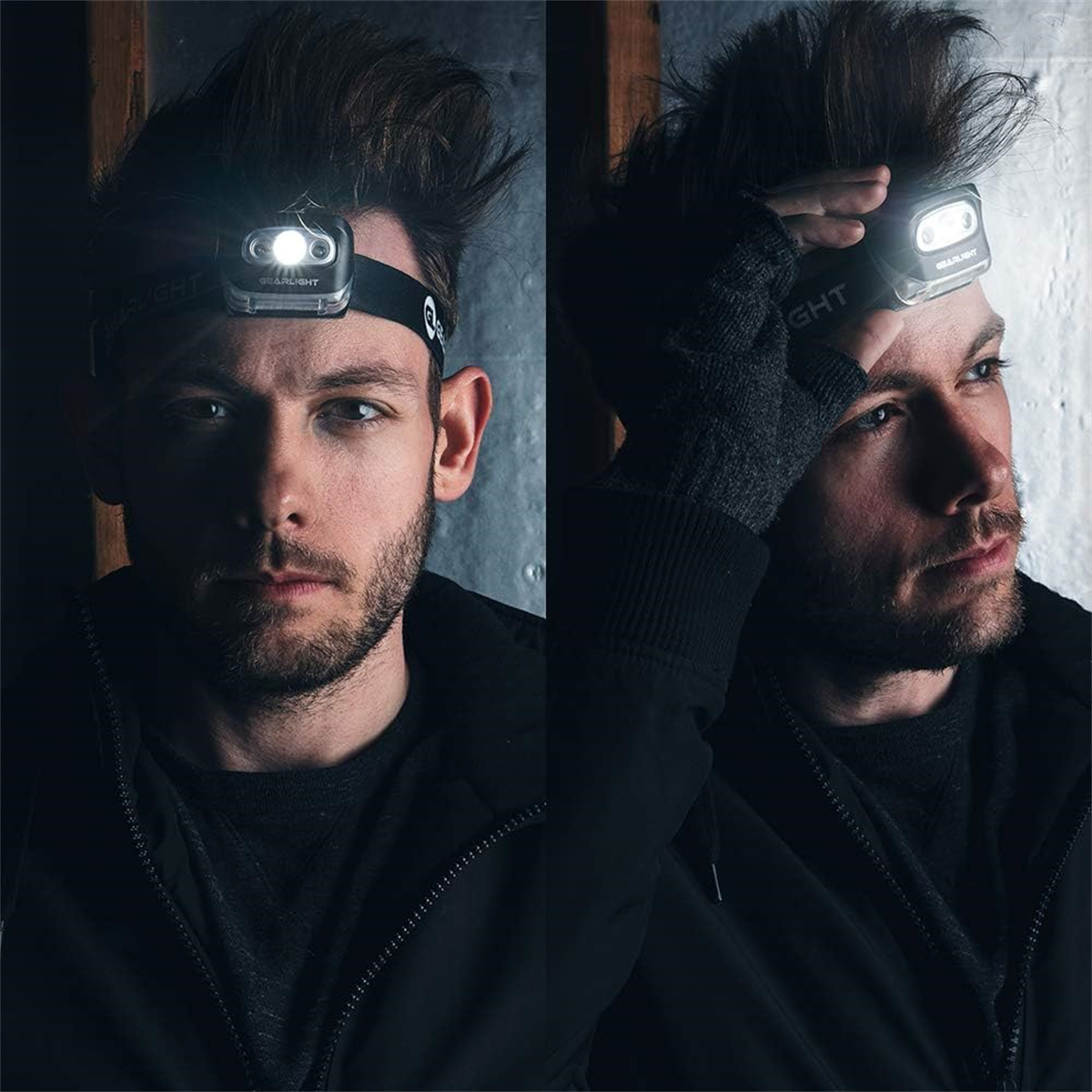 Zwei Männer mit Stirnlampen, die das Licht auf ihren Stirnen demonstrieren.