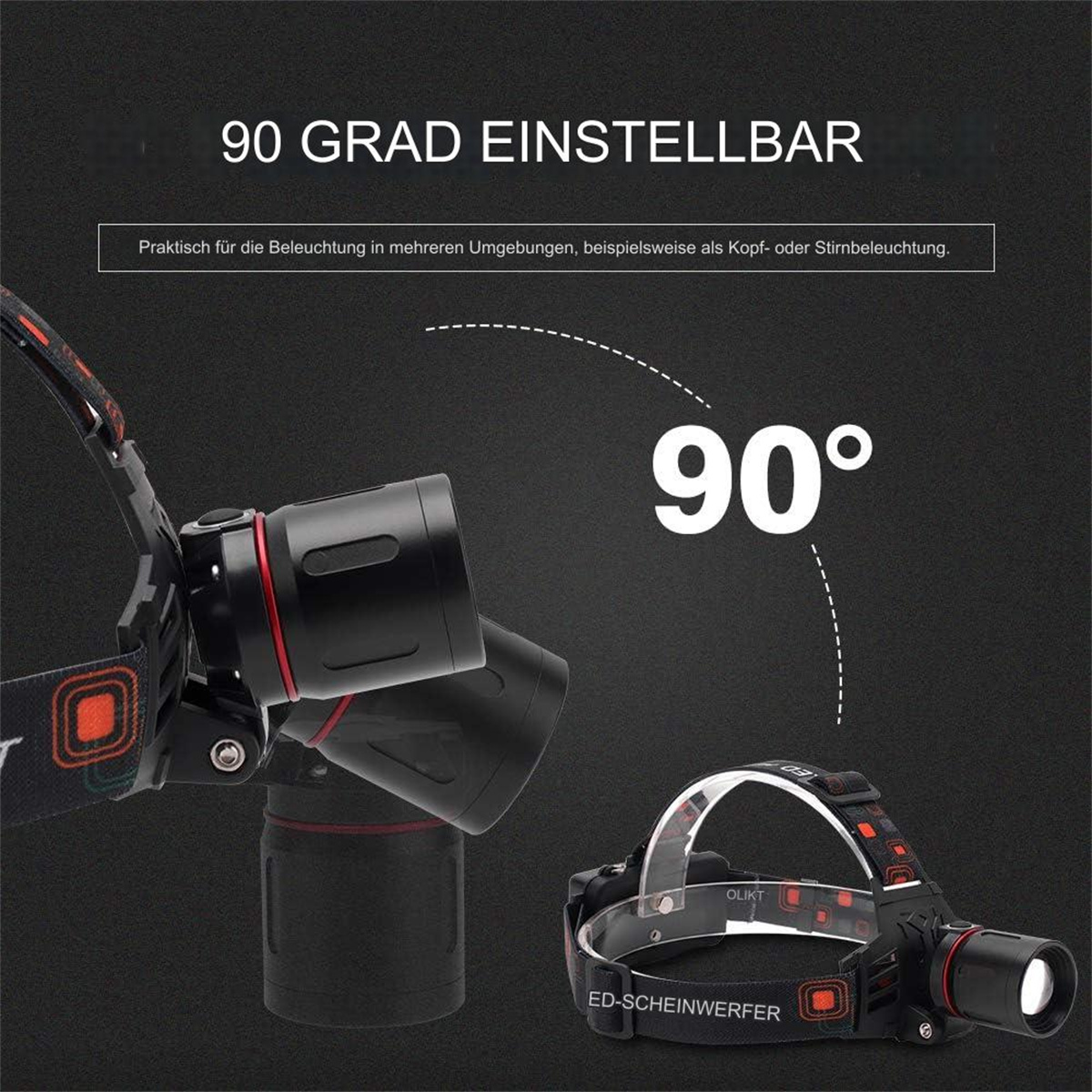Stirnlampe mit schwarzem Gehäuse, rotem Licht und 90-Grad-Einstellung.