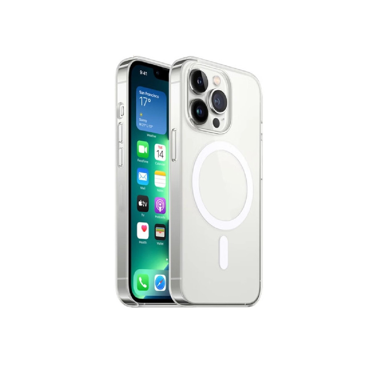 Ein iPhone mit einer durchsichtigen Hülle, das den Bildschirm zeigt, auf weißem Hintergrund.
