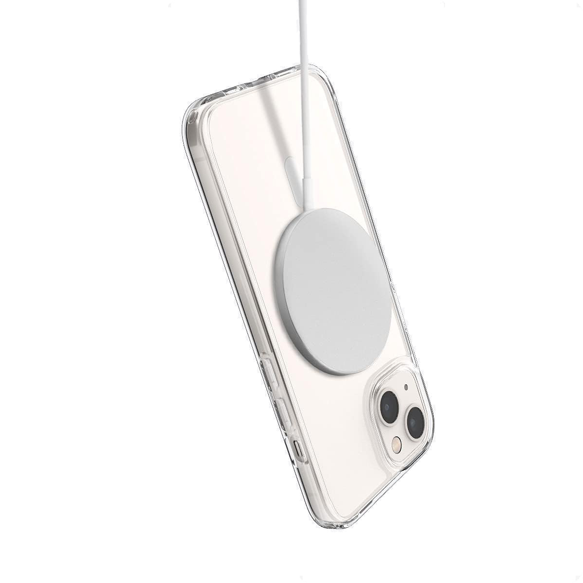Weißes MagSafe-Ladegerät magnetisch an der Rückseite eines weißen iPhone 11 befestigt.