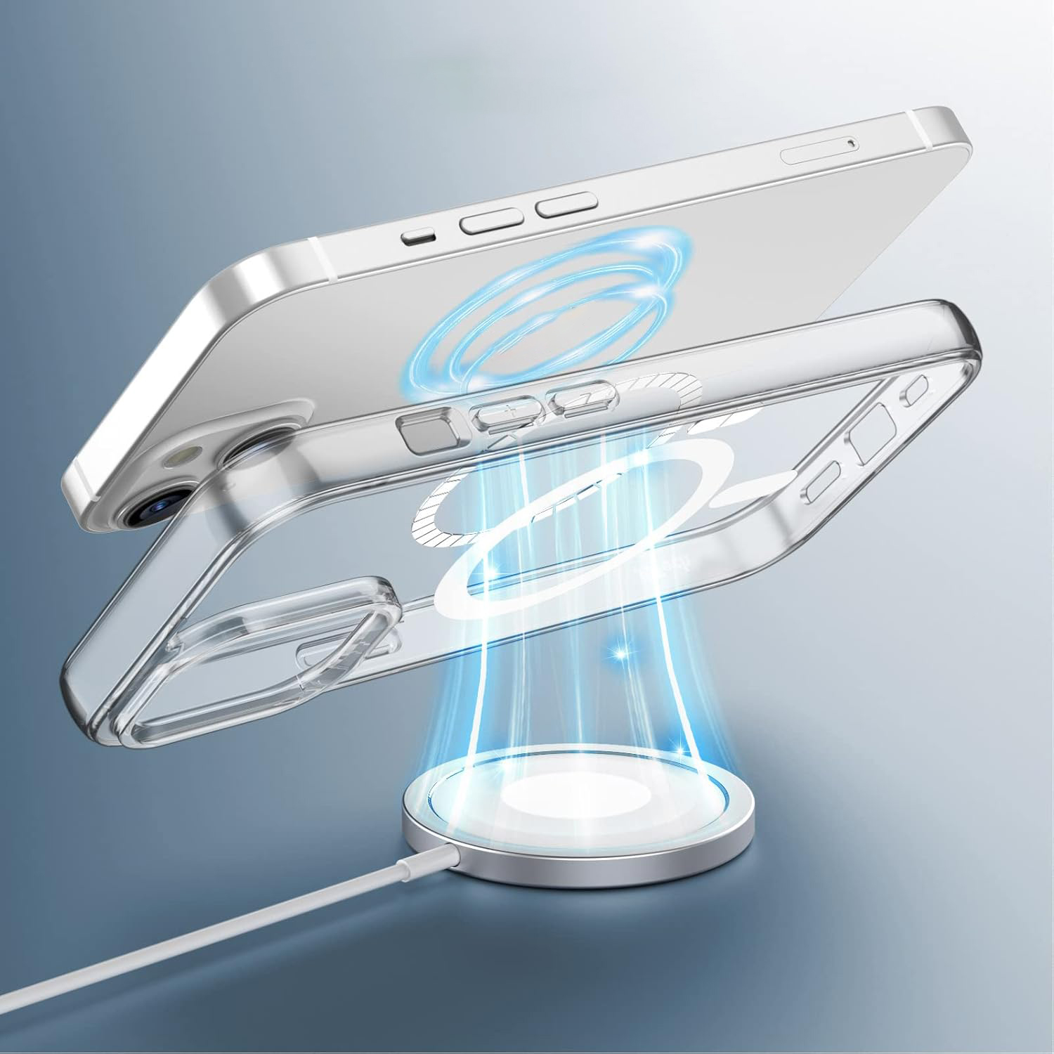 Eine transparente Handyhülle mit Telefon und einem kabellosen Ladegerät.
