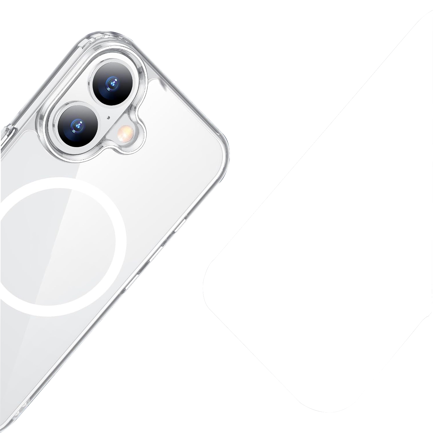 Eine transparente Handyhülle auf einem Telefon mit zwei Kameras und einem weißen Ladering.