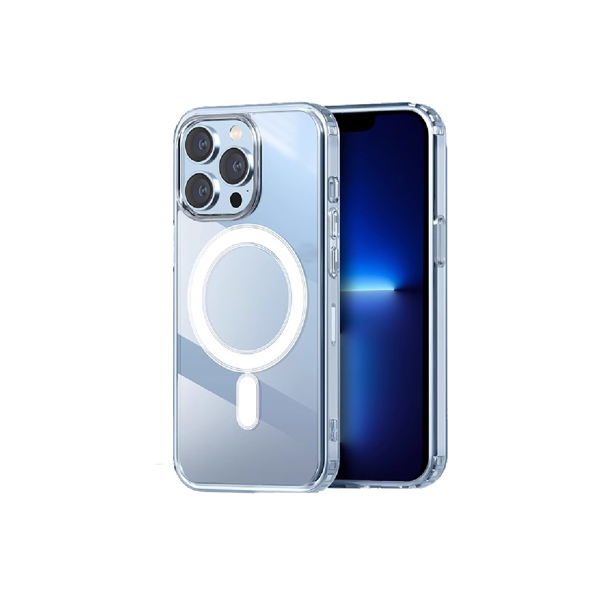 Transparente Handyhülle mit Magnetring und Telefon auf Weiß.