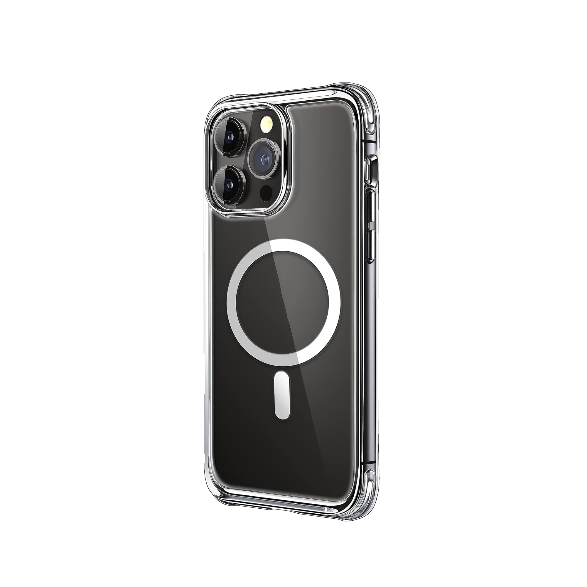 Eine transparente Handyhülle mit einem Telefon, zeigt den Kamerabereich.