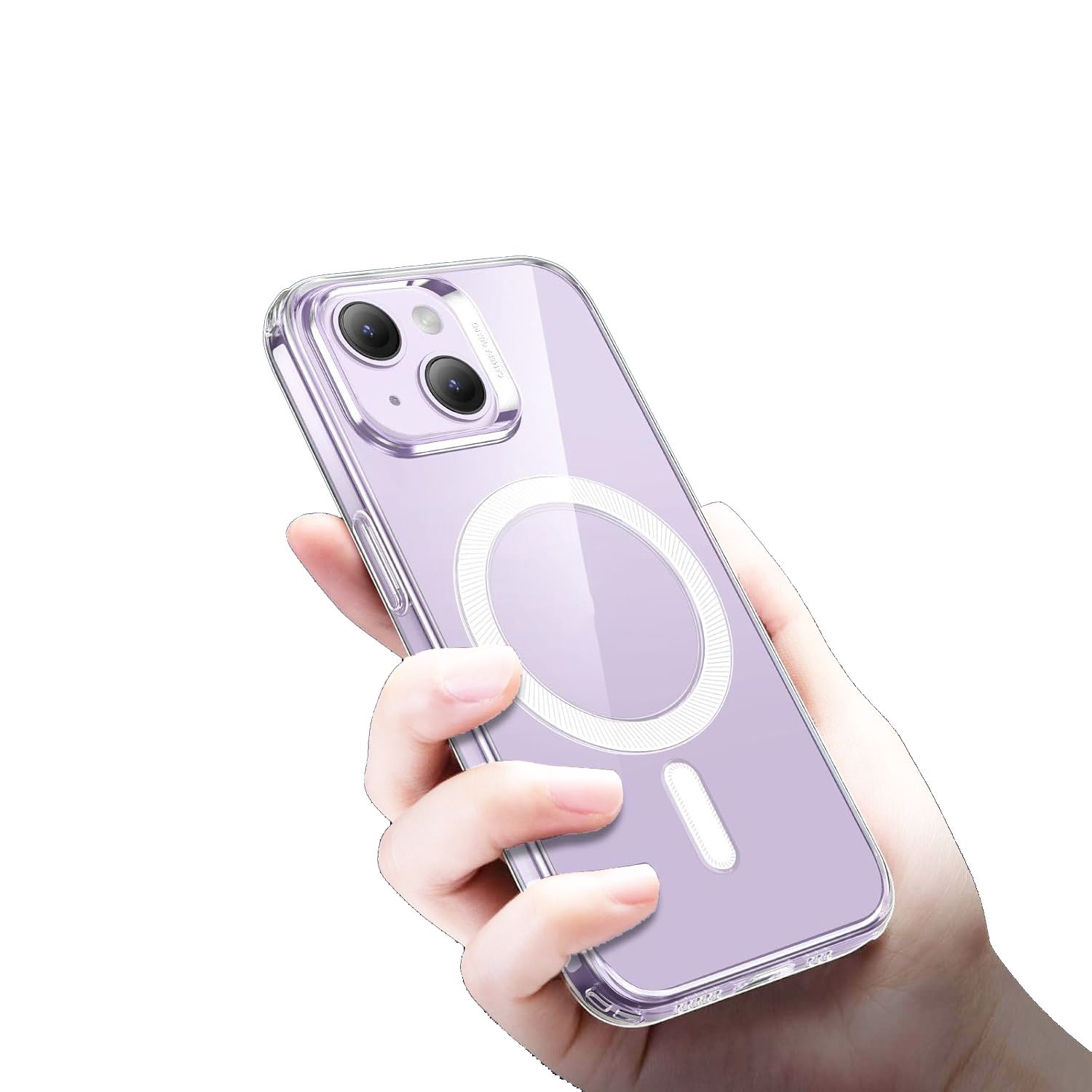 Eine Hand, die eine transparente iPhone-Hülle mit einem weißen, kreisförmigen MagSafe-Design hält.