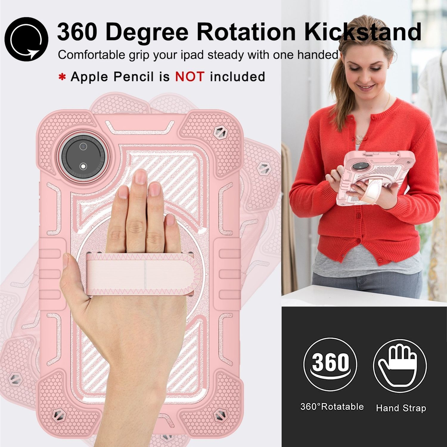 Eine Frau benutzt eine rosa Tablet-Hülle, die sich drehen kann. Text erklärt Funktionen.
