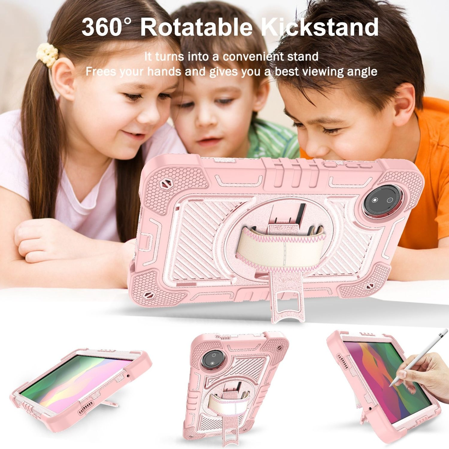Rosa Tablet-Hülle mit Kindern, die darauf schauen. Drei Ansichten der Hülle mit Ständer.