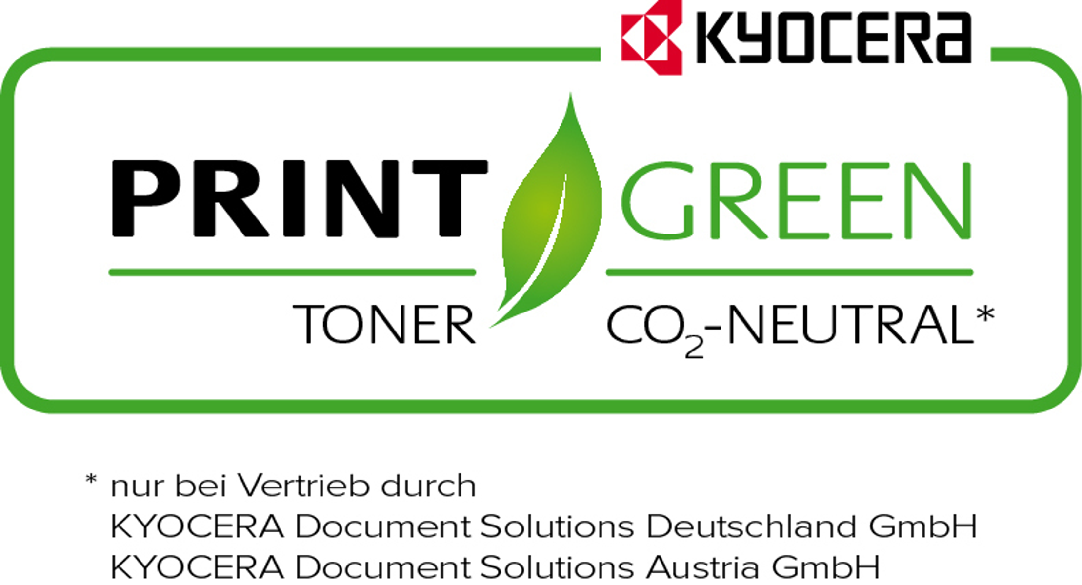 Zielone i białe logo z tekstem: Print Green Toner, CO2-Neutral i logo Kyocera.