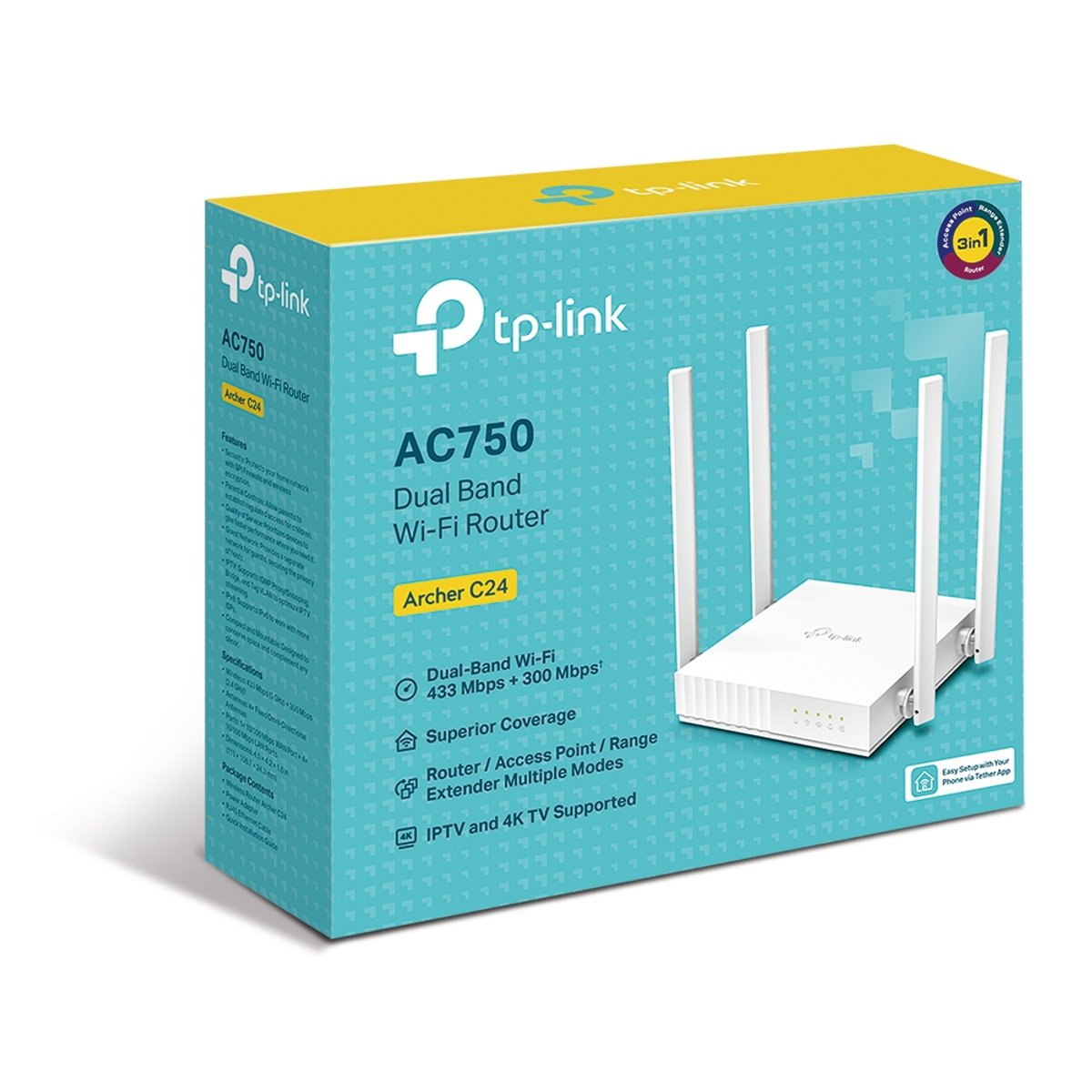 Pudełko routera Wi-Fi TP-Link AC750 Dual Band. Pokazuje router i funkcje. Zawiera router, anteny i tekst.