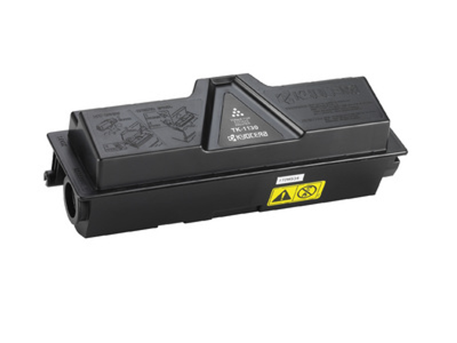 Czarny wkład z tonerem Kyocera z trójkątnym logo na białym tle. Widoczna żółta etykieta ostrzegawcza.