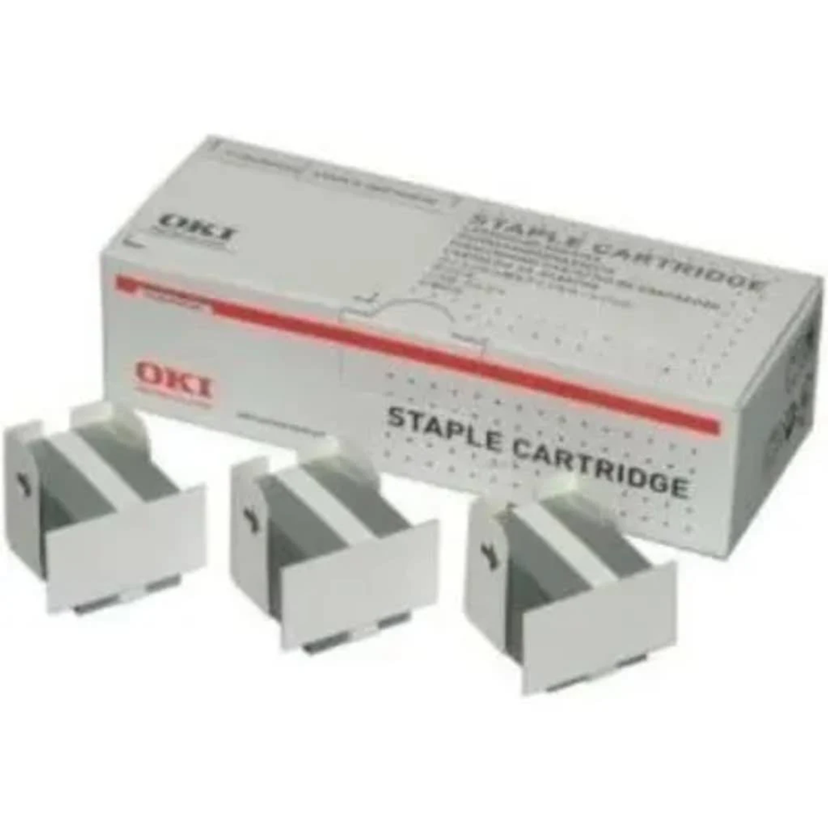 Scatola di cartucce per punti metallici e tre cartucce singole. La scatola ha la scritta 'STAPLE CARTRIDGE'.
