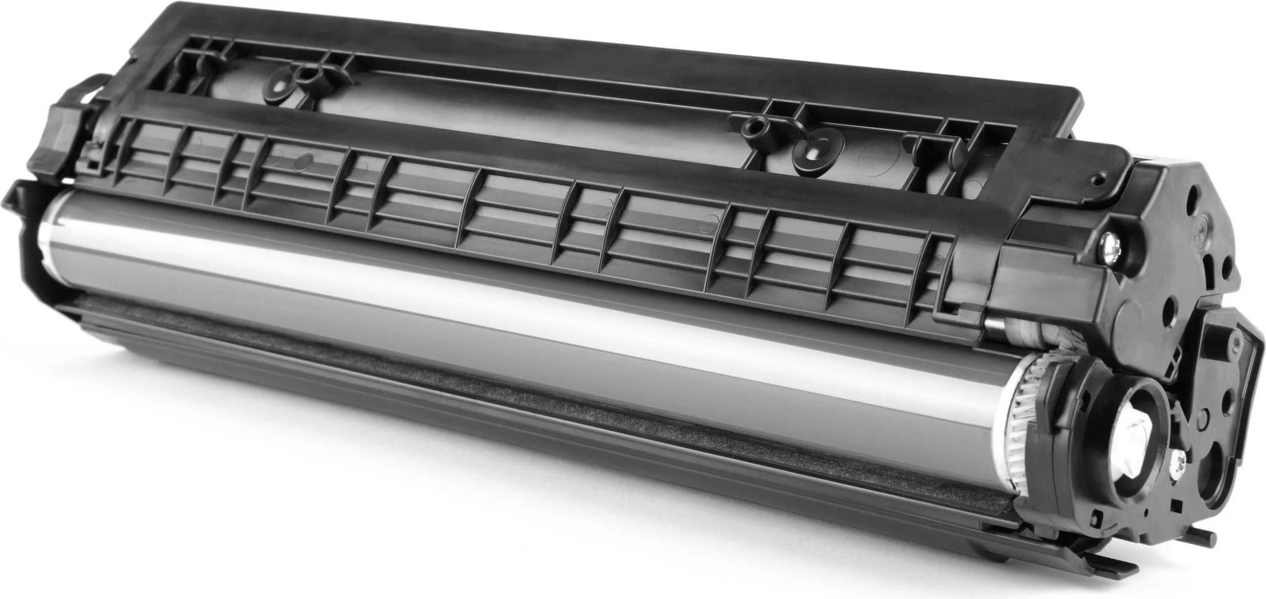 Una cartuccia toner per stampante nera, che mostra il rullo interno e altri componenti.