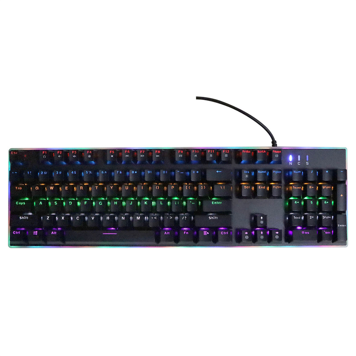 Schwarze Tastatur mit bunten Tasten. Die Tastatur hat ein schwarzes Kabel.