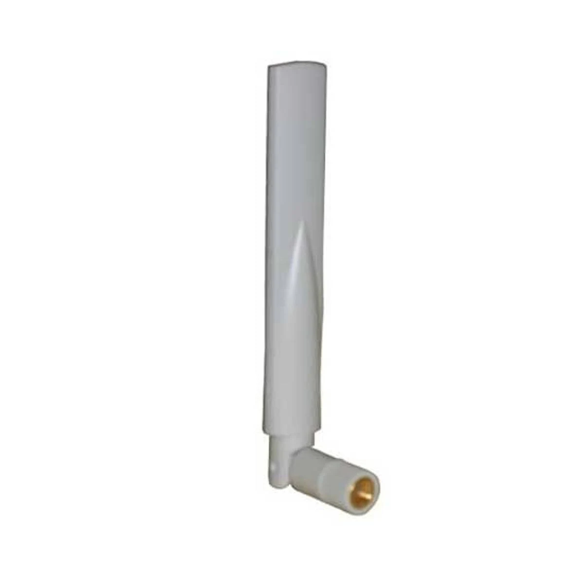 Eine weiße Antenne mit einem Anschluss an der Unterseite. Es hat eine dünne, rechteckige Form.