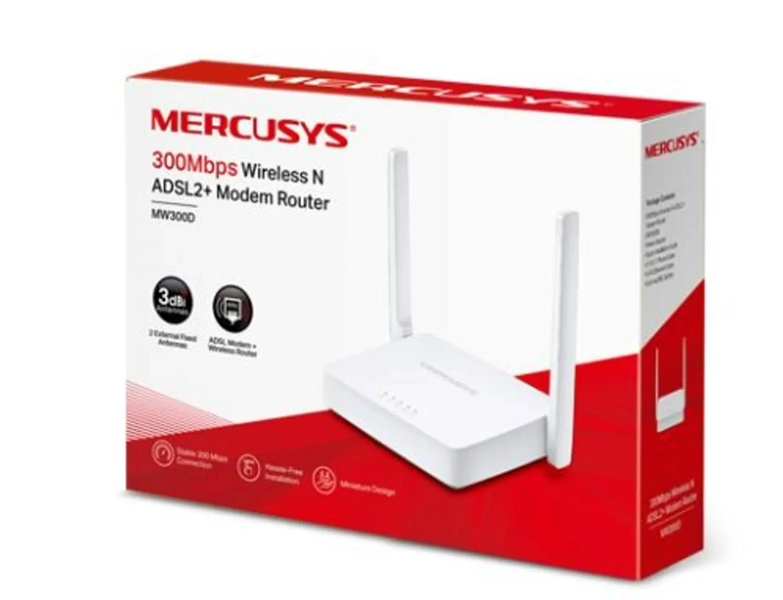 Scatola con router bianco e due antenne. Marchio: Mercusys.